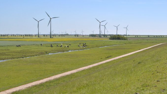 Parque de turbinas eólicas em Krummhörn, Alemanha, com pastagem e céu claro ao fundo.