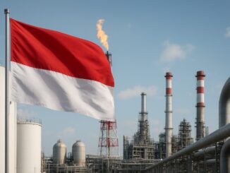 Bandeira da Indonésia sobre elementos de energia, representando parceria energética com a Rússia e transição para energia limpa.