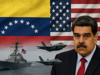 Bandeira da Venezuela ao fundo, Nicolás Maduro em destaque, navio de guerra e caças F-35 próximos à costa venezuelana, representando a tensão militar e política no país.
