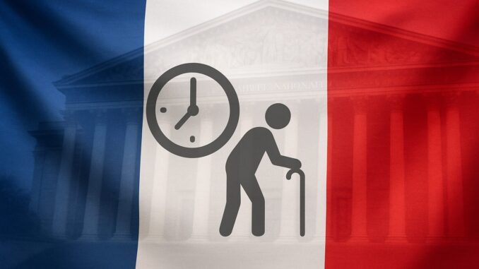 Bandeira da França com ilustração de um idoso e um relógio, simbolizando aposentadoria e tempo.