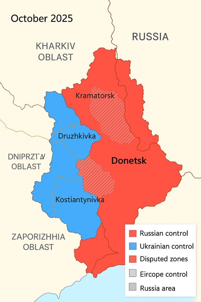 O mapa acima mostra a situação territorial de Donetsk em outubro de 2025. As áreas em vermelho representam o controle russo consolidado, principalmente no sul e leste do oblast, incluindo cidades-chave como Donetsk.