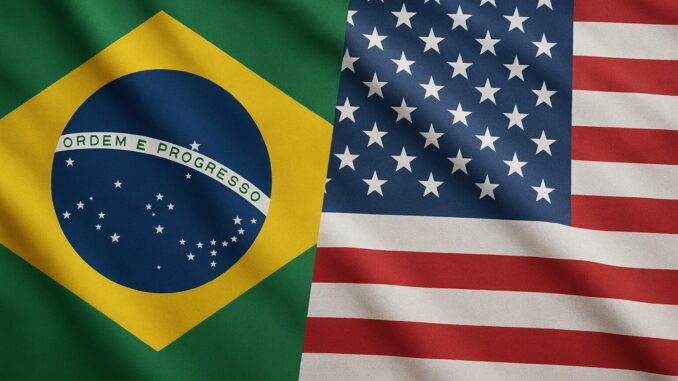 Bandeiras do Brasil e dos Estados Unidos lado a lado, representando relações diplomáticas entre os dois países.