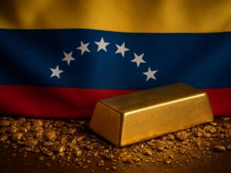 Bandeira da Venezuela sobreposta a barras de ouro, representando a mineração ilegal e o contrabando de ouro no país.