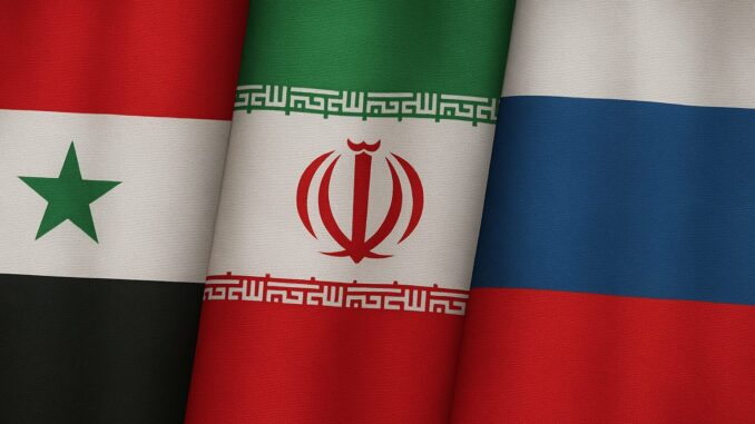 “Bandeiras da Rússia, Irã e Síria lado a lado simbolizando aliança estratégica no Oriente Médio