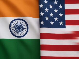 Bandeiras dos Estados Unidos e da Índia lado a lado, simbolizando parceria bilateral e cooperação comercial.