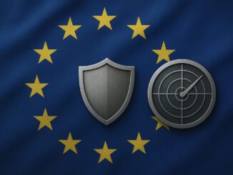 Bandeira da União Europeia ao fundo, com símbolos de defesa e segurança, incluindo escudo e radar, representando desafios militares e coordenação entre países europeus.