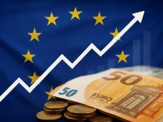 Bandeira da União Europeia com gráficos econômicos e símbolos de inflação e crescimento, representando a situação econômica da zona euro em outubro.