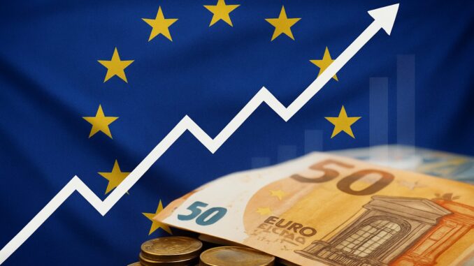 Bandeira da União Europeia com gráficos econômicos e símbolos de inflação e crescimento, representando a situação econômica da zona euro em outubro.