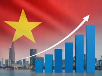 Gráfico de barras mostrando o crescimento econômico do Vietnã em 2025, com elementos da bandeira do país.