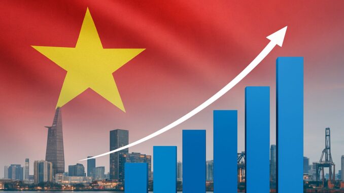 Gráfico de barras mostrando o crescimento econômico do Vietnã em 2025, com elementos da bandeira do país.