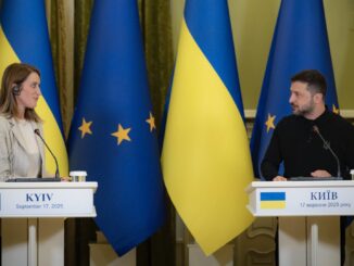 Presidente ucraniano Volodymyr Zelensky com líderes da União Europeia, reforçando a unidade contra a Rússia, 17 de setembro de 2025.