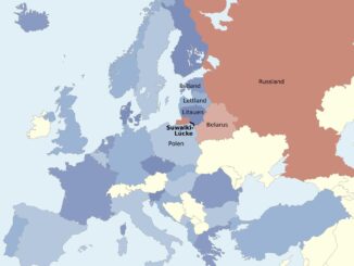 Mapa do Suwałki Gap mostrando a posição estratégica entre Polônia e Lituânia, próximo à Rússia e Bielorrússia.