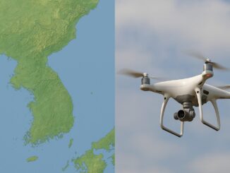 Mapa da península coreana à esquerda e drone militar à direita, representando tensão e movimentações militares na região