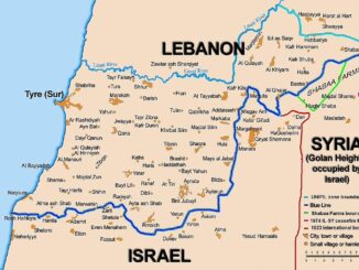 Mapa do sul do Líbano mostrando a linha de fronteira demarcada (Blue Line) entre Líbano e Israel, incluindo a zona de UNIFIL e as Fazendas de Shabaa.