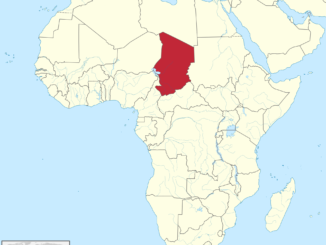 Mapa destacando o Chade no continente africano, localizado na região central da África.