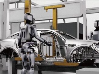 Robôs industriais em linha de produção na China, representando investimentos em tecnologia