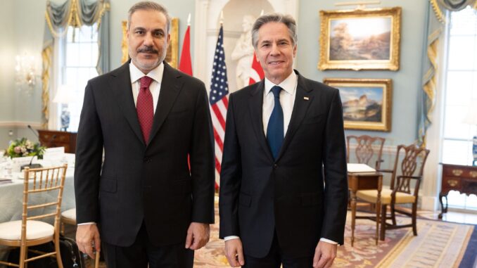 O ministro das Relações Exteriores da Turquia, Hakan Fidan, durante visita ao Departamento de Estado dos Estados Unidos em Washington, em 8 de março de 2024