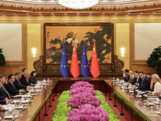 Imagem ilustrativa do encontro UE-China, representando relações diplomáticas e negociações sobre comércio e minerais raros.