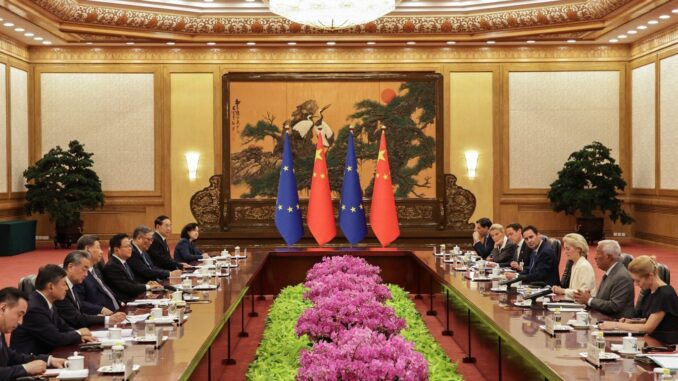 Imagem ilustrativa do encontro UE-China, representando relações diplomáticas e negociações sobre comércio e minerais raros.