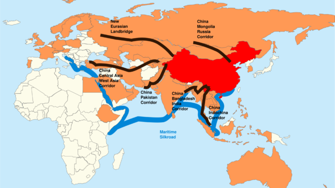 Mapa da Belt and Road Initiative (BRI) mostrando os corredores terrestres e marítimos da China pelo mundo, destacando conexões com a Europa.
